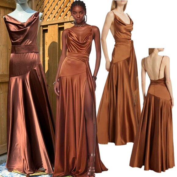 🆕 BRONX & BANCO 🧿 NWOT Leo Chocolate Brown Silk-Blend Maxi Dress, Sz M US 6